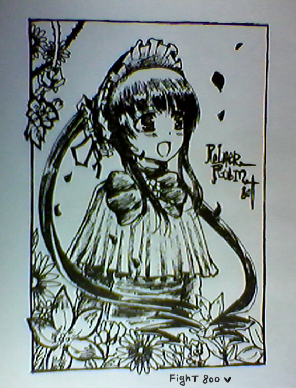 1girl :d border dress flower image leaf long_hair long_sleeves looking_at_viewer monochrome open_mouth photo shikishi shinku smile solo traditional_media