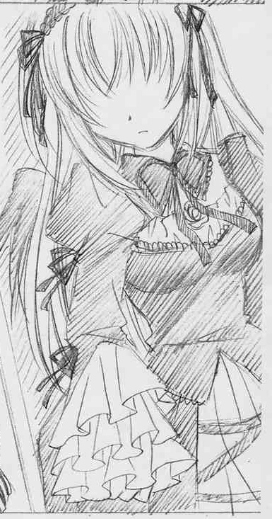 1girl dress frills greyscale hairband image long_hair long_sleeves monochrome ribbon simple_background solo suigintou traditional_media upper_body white_background wings