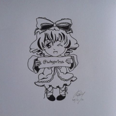 1girl bow dated dress eyebrows_visible_through_hair frills full_body greyscale hair_bow hair_ribbon hinaichigo image kagiyama_hina looking_at_viewer monochrome one_eye_closed open_mouth photo ribbon smile solo standing traditional_media