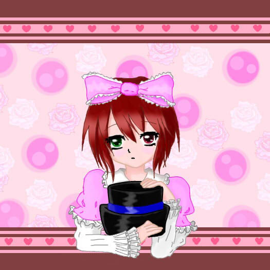 1girl auto_tagged blush bow dress frills green_eyes hat heterochromia image long_sleeves looking_at_viewer pink_bow red_eyes short_hair solo souseiseki top_hat upper_body