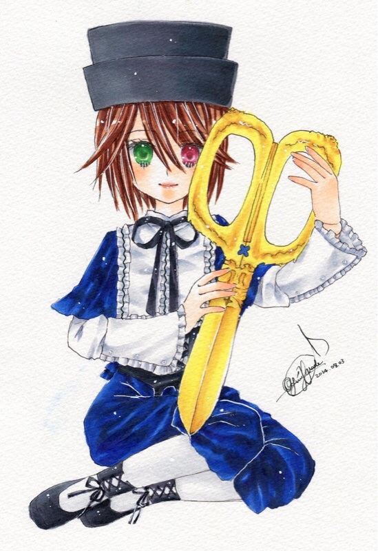 1girl brown_hair frills full_body green_eyes hat heterochromia image instrument long_sleeves looking_at_viewer neck_ribbon pantyhose red_eyes ribbon short_hair signature solo souseiseki top_hat traditional_media white_legwear