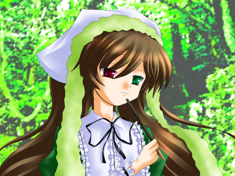 1girl brown_hair bush collar dress frills green_dress green_eyes hat head_scarf heterochromia image long_hair long_sleeves looking_at_viewer outdoors red_eyes solo suiseiseki tree upper_body