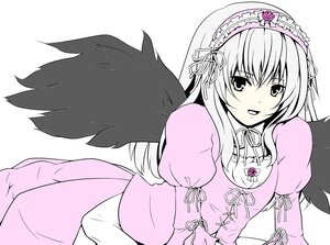 Rating: Safe Score: 0 Tags: 1girl black_wings dress feathered_wings frills hairband image juliet_sleeves lolita_hairband long_hair long_sleeves looking_at_viewer monochrome open_mouth puffy_sleeves ribbon rose simple_background solo striped suigintou white_background wings User: admin