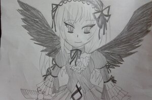 Rating: Safe Score: 0 Tags: 1girl black_wings dress feathered_wings feathers frills greyscale hairband image long_hair long_sleeves looking_at_viewer monochrome ribbon simple_background smile solo suigintou traditional_media upper_body very_long_hair wings User: admin