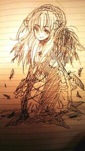 Rating: Safe Score: 0 Tags: 1girl dress feathered_wings feathers hairband image long_hair long_sleeves looking_at_viewer monochrome simple_background smile solo suigintou traditional_media wings User: admin