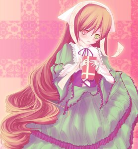 Rating: Safe Score: 0 Tags: 1girl blush brown_hair dress frills green_dress green_eyes head_scarf heterochromia holding_gift image long_hair long_sleeves open_mouth red_eyes ribbon solo suiseiseki very_long_hair User: admin