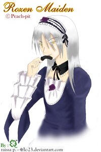Rating: Safe Score: 0 Tags: english_text flower frills hairband image long_hair long_sleeves silver_hair simple_background solo suigintou upper_body white_background yellow_eyes User: admin