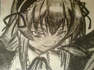 Rating: Safe Score: 0 Tags: 1girl choker hair_ribbon image long_hair looking_at_viewer monochrome ribbon smile solo suigintou traditional_media User: admin