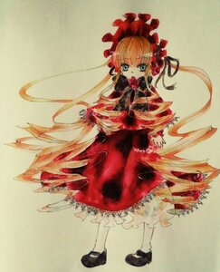 Rating: Safe Score: 0 Tags: 1girl black_footwear blonde_hair blue_eyes bonnet bow dress flower full_body image long_hair long_sleeves looking_at_viewer red_dress red_flower red_rose rose shinku shoes simple_background solo standing traditional_media twintails User: admin