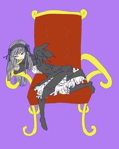 Rating: Safe Score: 0 Tags: 1girl dress frills hairband image long_hair long_sleeves looking_at_viewer purple_background purple_eyes simple_background sitting solo suigintou wings User: admin