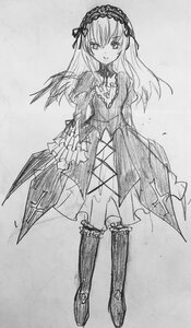 Rating: Safe Score: 0 Tags: 1girl dress frills full_body greyscale hairband image lolita_hairband long_hair long_sleeves looking_at_viewer monochrome solo standing suigintou traditional_media wings User: admin