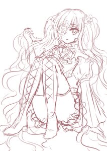 Rating: Safe Score: 0 Tags: 1girl boots dress eyepatch hair_ornament image kirakishou long_hair monochrome sitting sketch solo thighhighs twintails very_long_hair User: admin