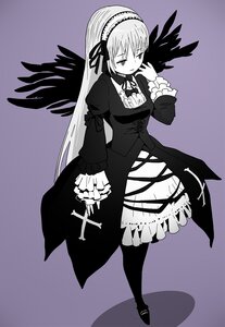 Rating: Safe Score: 0 Tags: 1girl dress feathered_wings frills full_body greyscale hairband image juliet_sleeves long_hair long_sleeves monochrome pantyhose purple_background ribbon solo standing suigintou very_long_hair wings User: admin