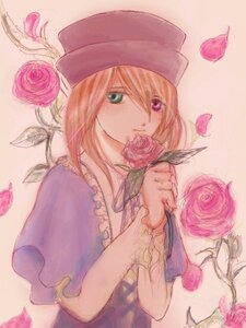 Rating: Safe Score: 0 Tags: 1girl blonde_hair flower green_eyes hat heterochromia image pink_flower pink_rose purple_rose red_flower red_rose rose rose_petals solo souseiseki thorns upper_body User: admin