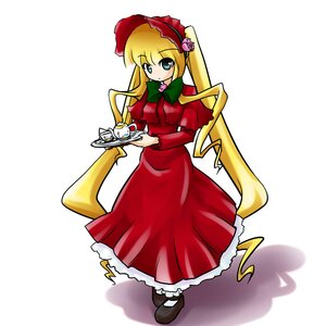 Rating: Safe Score: 0 Tags: 1girl blonde_hair blue_eyes bonnet bow bowtie cup dress full_body image long_hair long_sleeves looking_at_viewer red_dress saucer shinku shoes simple_background solo standing tea teacup very_long_hair white_background User: admin