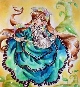 Rating: Safe Score: 0 Tags: 1girl brown_hair dress frills green_dress green_eyes hat heterochromia image long_hair long_sleeves looking_at_viewer red_eyes solo suiseiseki traditional_media twintails very_long_hair watering_can User: admin