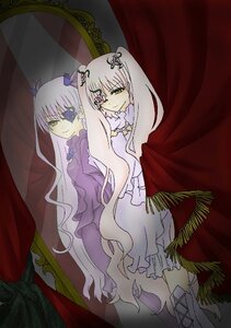 Rating: Safe Score: 0 Tags: 2girls barasuishou boots curtains dress eyepatch flower frills image kirakishou long_hair multiple_girls pair rose silver_hair smile very_long_hair yellow_eyes User: admin