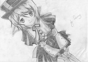Rating: Safe Score: 0 Tags: 1girl artist_name capelet closed_mouth dated eyebrows_visible_through_hair graphite_(medium) greyscale hat image kneehighs looking_at_viewer monochrome ribbon short_hair signature smile solo souseiseki standing traditional_media User: admin