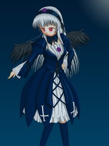 Rating: Safe Score: 0 Tags: 1girl black_wings blue_background cross-laced_clothes detached_collar dress frills hairband image juliet_sleeves long_hair long_sleeves red_eyes ribbon rose silver_hair solo standing suigintou wings User: admin