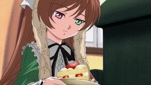 Rating: Safe Score: 0 Tags: 1girl brown_hair cake food frills fruit green_dress green_eyes heterochromia image long_hair long_sleeves plate red_eyes ribbon solo strawberry suiseiseki table User: admin