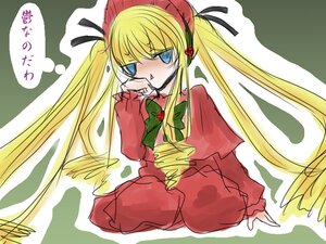 Rating: Safe Score: 0 Tags: 1girl blonde_hair blue_eyes blush bonnet bow bowtie dress green_bow image long_hair long_sleeves red_dress shinku solo twintails upper_body very_long_hair User: admin
