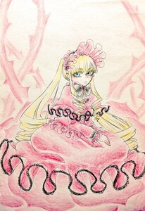 Rating: Safe Score: 0 Tags: 1girl blonde_hair blue_eyes bonnet bow dress drill_hair frills image long_hair long_sleeves looking_at_viewer pink_dress red_dress shinku solo traditional_media twin_drills twintails very_long_hair User: admin