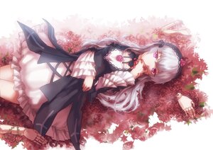 Rating: Safe Score: 0 Tags: 1girl dress flower frills gothic_lolita hairband image lolita_fashion long_hair long_sleeves looking_at_viewer lying pink_eyes red_flower red_rose rose silver_hair solo suigintou wide_sleeves User: admin