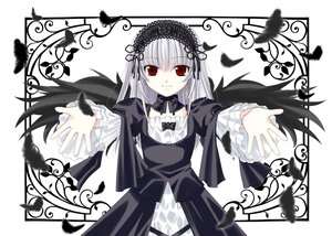 Rating: Safe Score: 0 Tags: 1girl bangs black_dress black_ribbon detached_collar dress feathers flower frills hairband image lolita_hairband long_hair long_sleeves looking_at_viewer red_eyes ribbon rose silver_hair smile solo suigintou white_background wings User: admin