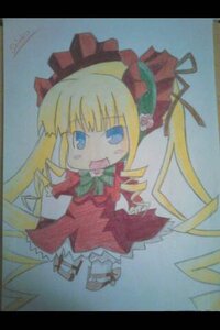 Rating: Safe Score: 0 Tags: 1girl black_border blonde_hair blue_eyes bonnet bow bowtie dress full_body green_bow image letterboxed long_hair long_sleeves looking_at_viewer marker_(medium) open_mouth photo red_dress shinku simple_background solo standing traditional_media User: admin