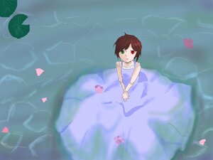 Rating: Safe Score: 0 Tags: 1girl brown_hair dress flower from_above green_eyes heterochromia image rain red_eyes ripples short_hair solo souseiseki wading water User: admin