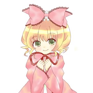 Rating: Safe Score: 0 Tags: 1girl blonde_hair bow dress green_eyes hair_bow hina_ichigo hinaichigo image long_sleeves looking_at_viewer pink_bow short_hair simple_background smile solo striped upper_body white_background User: admin