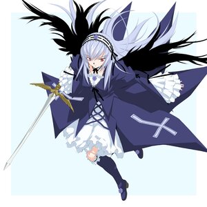 Rating: Safe Score: 0 Tags: 1girl black_wings boots dress frills hairband holding holding_weapon image knee_boots long_hair long_sleeves red_eyes ribbon solo suigintou sword weapon wings User: admin