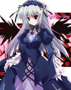 Rating: Safe Score: 0 Tags: 1girl black_wings detached_collar dress frills hairband image juliet_sleeves long_hair long_sleeves looking_at_viewer puffy_sleeves red_eyes rose silver_hair smile solo suigintou wings User: admin