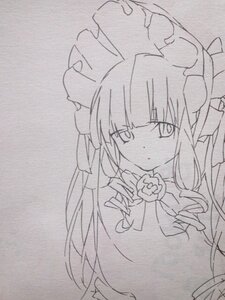 Rating: Safe Score: 0 Tags: 1girl bangs blunt_bangs bow bowtie dress eyebrows_visible_through_hair flower greyscale hat image long_hair looking_at_viewer monochrome rose shinku solo traditional_media upper_body User: admin