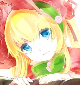 Rating: Safe Score: 0 Tags: 1girl blonde_hair blue_eyes flower food hat image long_hair pink_rose red_flower red_rose rose shinku solo User: admin