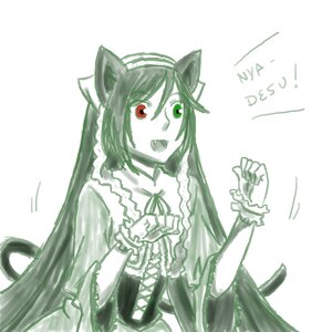 Rating: Safe Score: 0 Tags: 1girl animal_ears cat_ears dress green_theme heterochromia image long_hair long_sleeves monochrome monster_girl open_mouth red_eyes solo striped striped_background suiseiseki tail vertical_stripes User: admin