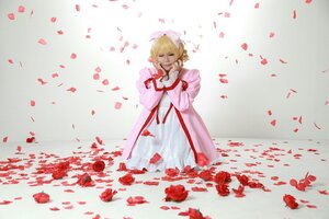 Rating: Safe Score: 0 Tags: 1girl blonde_hair dress flower hinaichigo petals puffy_sleeves red_flower red_rose rose rose_petals solo striped vertical_stripes User: admin