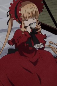 Rating: Safe Score: 0 Tags: 1girl blonde_hair bonnet bow closed_eyes cup dress drill_hair image long_hair long_sleeves red_dress rose shinku sleeping solo User: admin