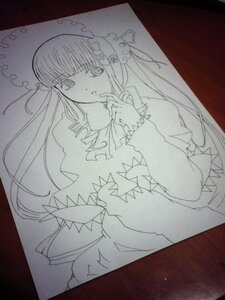 Rating: Safe Score: 0 Tags: 1girl bangs blunt_bangs dress flower frills image long_hair long_sleeves looking_at_viewer monochrome photo shikishi shinku solo traditional_media upper_body User: admin