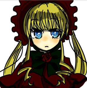 Rating: Safe Score: 0 Tags: 1girl bangs blonde_hair blue_eyes blush bonnet bow bowtie dress drill_hair flower green_bow image long_hair long_sleeves looking_at_viewer rose shinku sidelocks simple_background solo twintails upper_body white_background User: admin