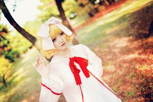 Rating: Safe Score: 0 Tags: 1girl 3d blonde_hair blue_eyes blurry blurry_background depth_of_field dress hinaichigo kagamine_rin lips looking_at_viewer outdoors red_lips ribbon solo striped tree veil white_dress User: admin