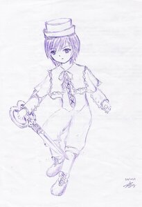 Rating: Safe Score: 0 Tags: 1girl boots capelet frills full_body hat image long_sleeves monochrome pants purple_theme short_hair signature solo souseiseki standing weapon User: admin
