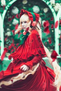 Rating: Safe Score: 0 Tags: 1girl bangs blonde_hair blue_eyes blurry blurry_background blurry_foreground bonnet bow capelet christmas depth_of_field dress flower long_hair long_sleeves photo red_capelet red_dress shinku solo User: admin