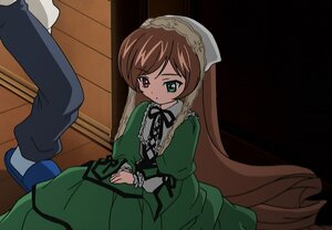 Rating: Safe Score: 0 Tags: 1girl brown_hair dress green_dress green_eyes heterochromia image long_hair long_sleeves red_eyes ribbon sitting solo solo_focus suiseiseki very_long_hair User: admin