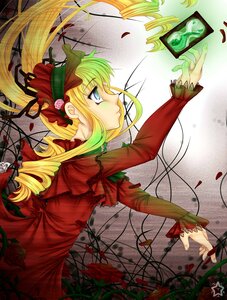 Rating: Safe Score: 0 Tags: 1girl blonde_hair blue_eyes bonnet bow dress drill_hair flower frills image long_hair long_sleeves petals profile red_dress red_flower red_rose rose shinku solo thorns twin_drills vines User: admin