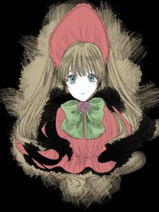 Rating: Safe Score: 0 Tags: 1girl black_background blonde_hair blue_eyes bonnet bow bowtie dress flower image long_hair long_sleeves looking_at_viewer pink_bow rose shinku solo User: admin