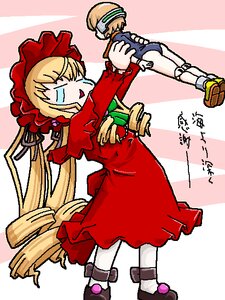 Rating: Safe Score: 0 Tags: blonde_hair bonnet dress drill_hair hat image long_hair long_sleeves multiple_girls red_dress shinku shoes solo standing twintails very_long_hair User: admin