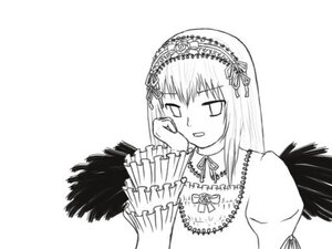 Rating: Safe Score: 0 Tags: 1girl black_wings detached_collar dress feathered_wings frills greyscale hairband image long_hair long_sleeves looking_at_viewer monochrome open_mouth ribbon simple_background solo suigintou upper_body white_background wings User: admin