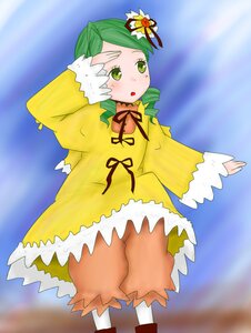 Rating: Safe Score: 0 Tags: 1girl :o blush dress drill_hair full_body green_eyes green_hair hair_ornament image kanaria long_sleeves open_mouth ribbon solo standing twin_drills yellow_dress User: admin