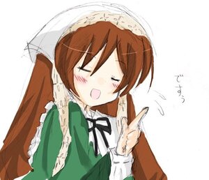 Rating: Safe Score: 0 Tags: 1girl :d ^_^ blush brown_hair closed_eyes dress flying_sweatdrops green_dress hat image long_sleeves open_mouth simple_background smile solo suiseiseki upper_body white_background User: admin